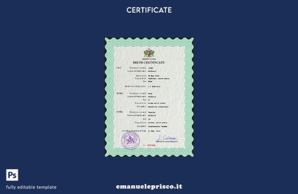 modello PSD del certificato di nascita dello stato di stato di Santa Lucia in st